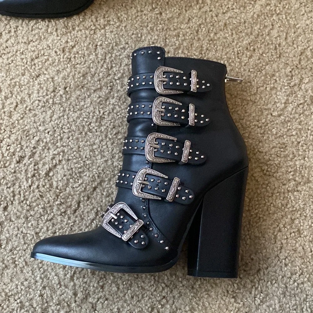 Black Studded Buckle Block Heel Ankle Boots - Picture 2 of 13